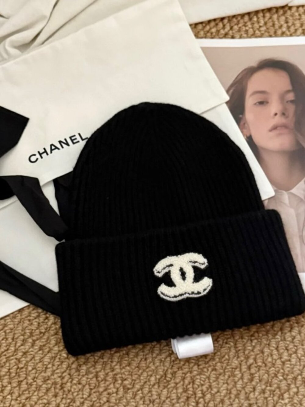 CHANEL Black Knit Beanie with White Logo